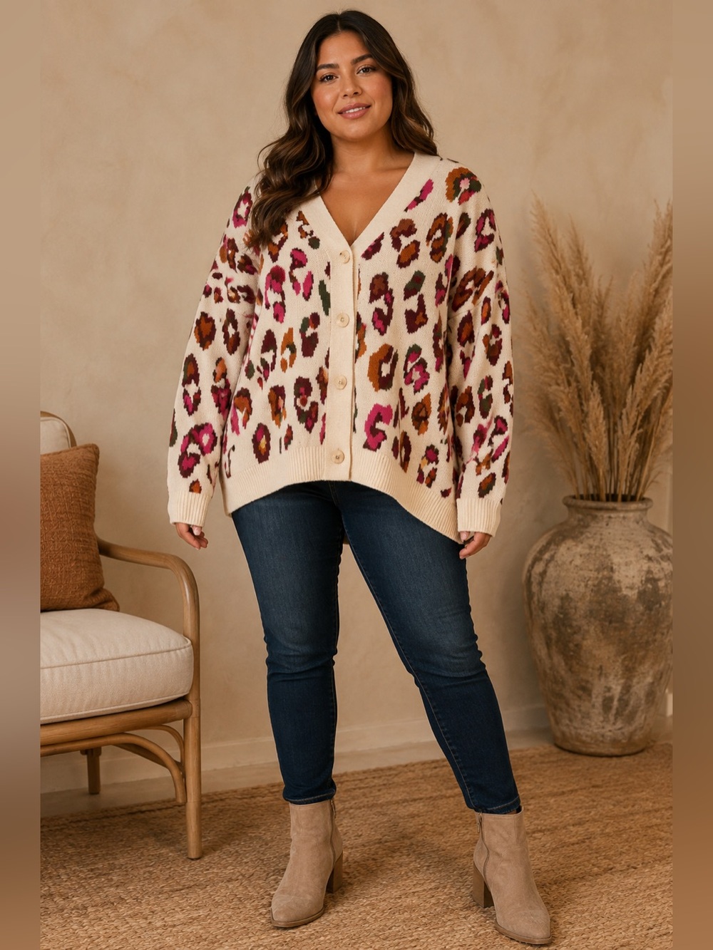 Entro Multicolor Leopard Print Oversized Knit Cardigan Sweater L